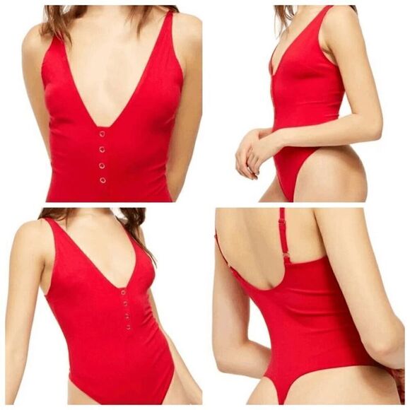 ❤️ FREE PEOPLE Larissa Tank V-Neck Thong Snap Button Red Bodysuit SIZE S - Picture 4 of 16